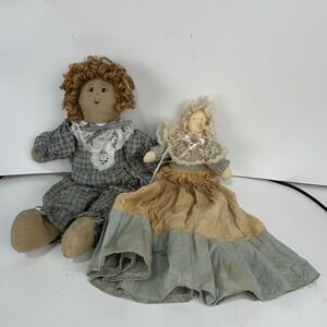 Vintage Handmade Rag Doll Set Primitive Folk Art Fabric Dolls Lace Blue Tan